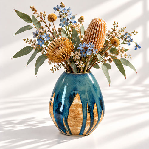 A ceramic vase with a glossy blue and gold drip pattern, filled with a dried floral arrangement featuring blue flowers, golden pods, and green leaves, set against a white background with soft leaf shadows.