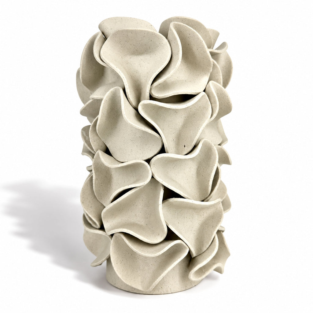 Large Ruffled Cylinder Vase - White Clay