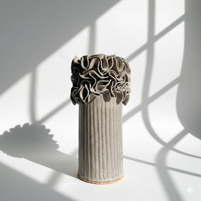 Oversized Ruffled Cylinder Vase - Mushroom Glaze