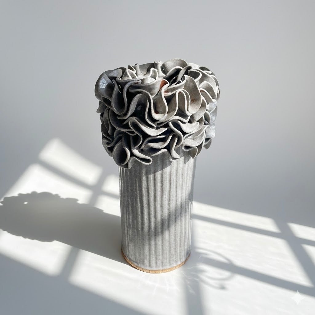Oversized Ruffled Cylinder Vase - Mushroom Glaze