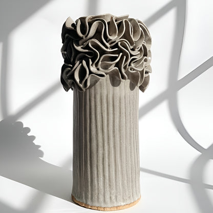 Oversized Ruffled Cylinder Vase - Mushroom Glaze