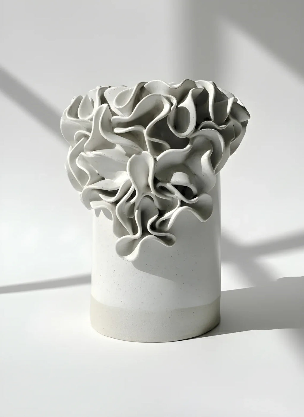 Oversized Ruffled Cylinder Vase - White Glaze