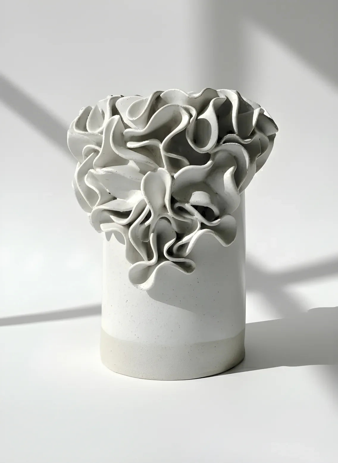 Oversized Ruffled Cylinder Vase - White Glaze