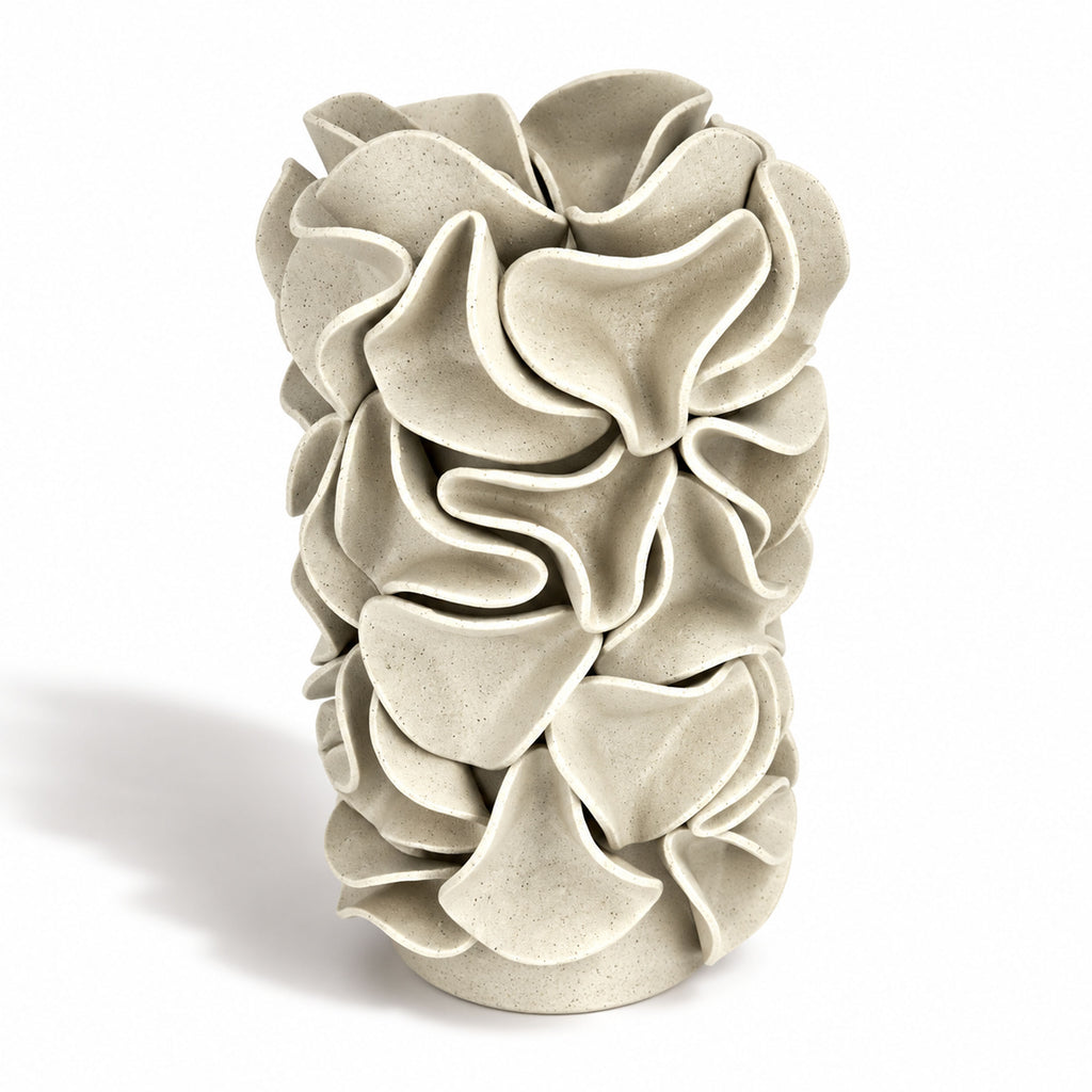 Large Sculptural Ruffled Cylinder Vase - White Clay