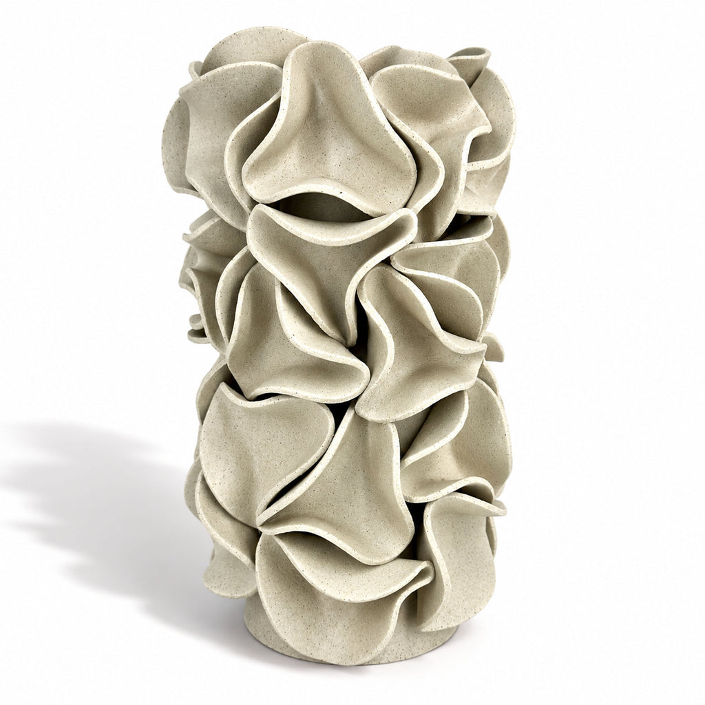 Tall Sculptural Ruffled Cylinder Vase - White Clay 
