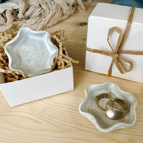 Handcrafted white ceramic ring dish with wave edge — perfect for wedding bands and engagement rings