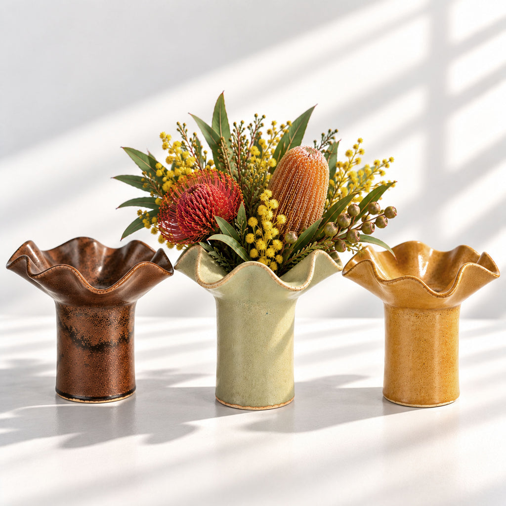 Wave Vase Wide Base - Chocolate, Melted Mint, Caramel Glazes