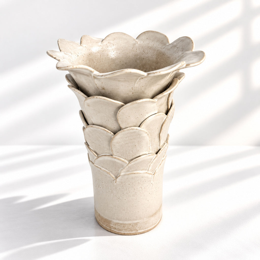 Tall Cylinder Petal Flower Vase - White