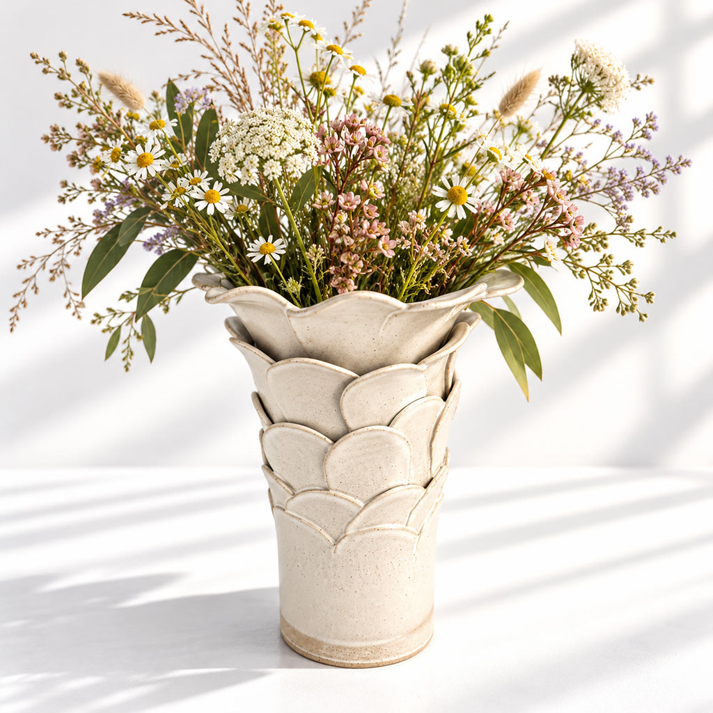 Tall Cylinder Petal Flower Vase - White
